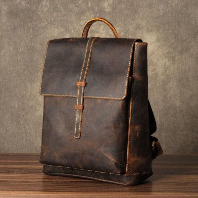 Genuine Leather Mens Cool Backpack Sling Bag Large Brown Travel Bag Hiking Bag for men