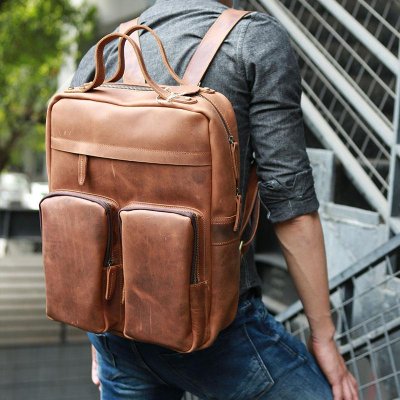 Cool Brown Mens Leather Backpack Travel Backpacks Laptop Backpack for men