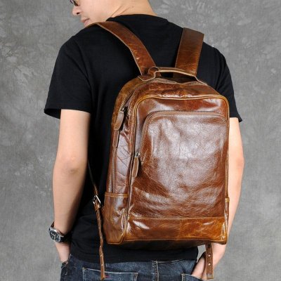 Genuine Leather Mens Cool Backpack Sling Bag Large Black Travel Bag Hiking Bag for men