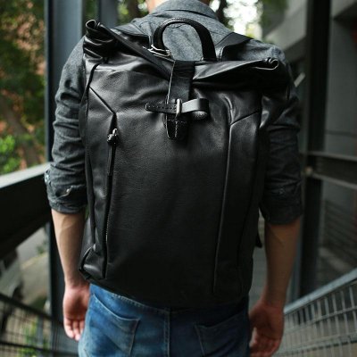 Black Leather Mens Backpacks Travel Backpacks Laptop Backpack for men