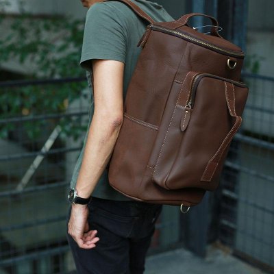 Mens Leather Barrel Backpack Cool Travel Bag Weekender Bag for men