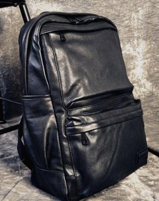 Mens Leather Cool Black Backpack for School Travel Bag Hiking Bag For Men