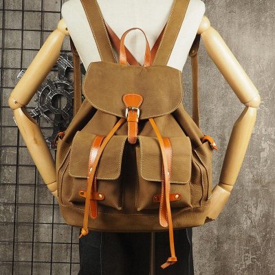 Tan Cool Mens Leather Backpack Travel Backpack Leather Hiking Backpack for Men