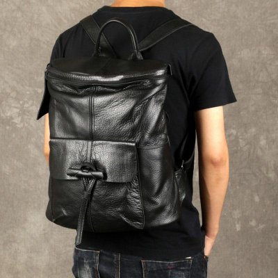 Genuine Leather Mens Cool Backpack Sling Bag Large Black Travel Bag Hiking Bag for men