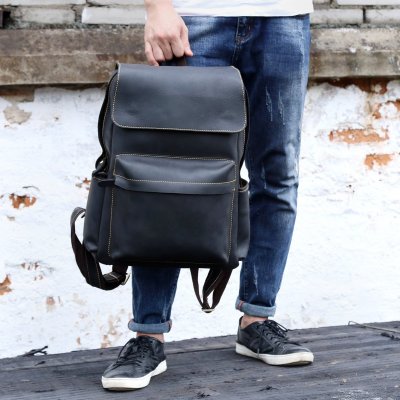 Genuine Leather Mens Cool Backpack Sling Bag Large Black Travel Bag Hiking Bag for men