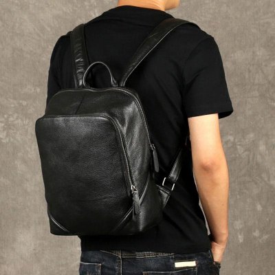 Genuine Leather Mens Cool Backpack Sling Bag Large Black Travel Bag Hiking Bag for men