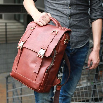 Red Brown Leather Mens Backpack Travel Backpacks Laptop Backpack for men