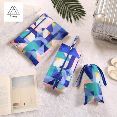 BW-Bag 6 set travel New design pattern contrast geometry PACKING ORGANIZERS CUBES WITH SHOE BAG AND TOILETRY BAG