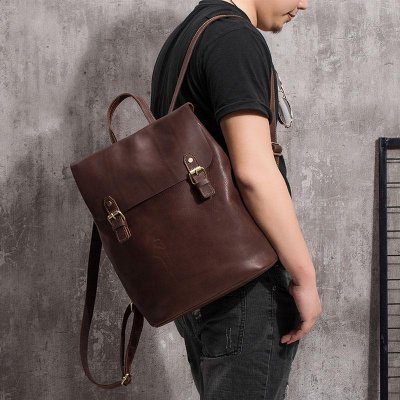 Vintage Mens Coffee Leather Backpack Travel Backpack Leather Hiking Backpack for Men