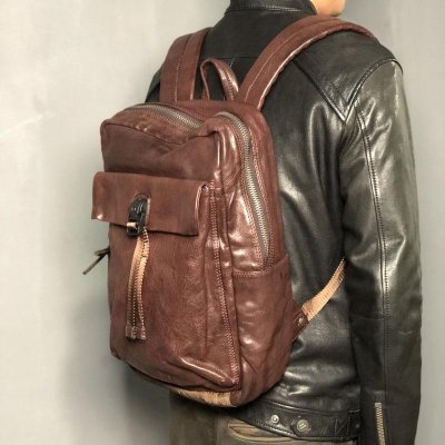 Genuine Leather Mens Cool Backpack Sling Bag Large Black Travel Bag Hiking Bag for men