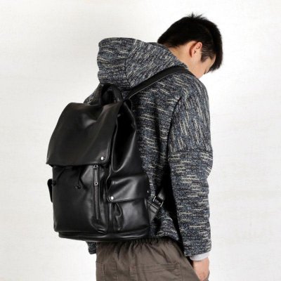 Genuine Leather Mens Cool Backpack Sling Bag Large Black Travel Bag Hiking Bag for men