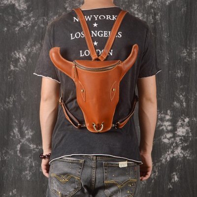 Handmade Leather Mens Cool XO Bull Backpack Sling Bag Black Travel Bag Hiking Bag for men