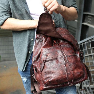 Coffee Leather Mens Backpack Travel Backpack Laptop Backpacks for men