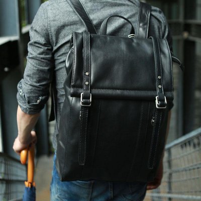 Black Leather Mens Backpack Travel Backpacks Laptop Backpack for men