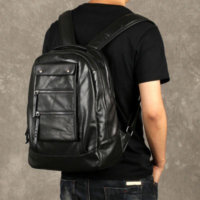 Genuine Leather Mens Cool Backpack Sling Bag Large Black Travel Bag Hiking Bag for men