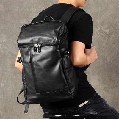 Genuine Leather Mens Cool Backpack Sling Bag Large Black Travel Bag Hiking Bag for men