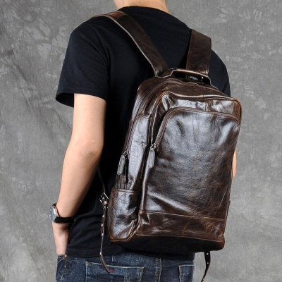 Genuine Leather Mens Cool Backpack Sling Bag Large Black Travel Bag Hiking Bag for men