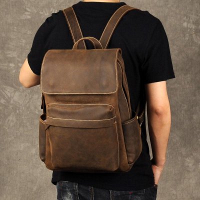 Genuine Leather Mens Cool Backpack Sling Bag Large Brown Travel Bag Hiking Bag for men