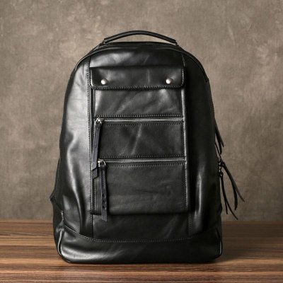 Genuine Leather Mens Cool Backpack Sling Bag Large Black Travel Bag Hiking Bag for men