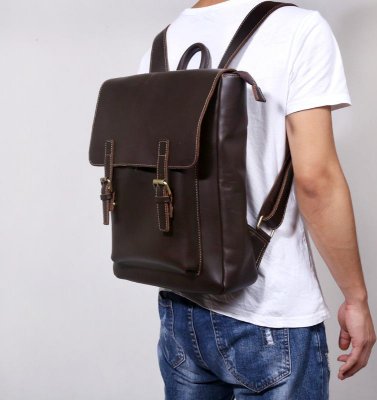 Genuine Leather Mens Cool Backpack Sling Bag Large Black Travel Bag Hiking Bag for men