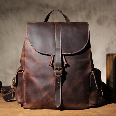 Handmade Leather Vintage Coffee Mens Cool Leather Backpack Travel Bag for men