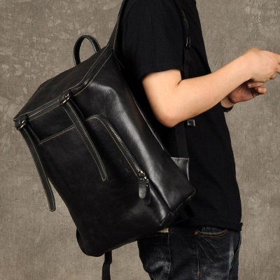 Genuine Leather Mens Cool Backpack Sling Bag Large Black Travel Bag Hiking Bag for men