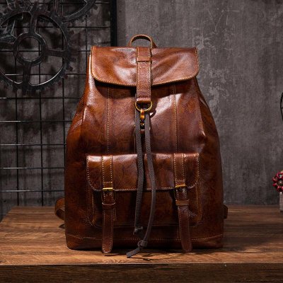 Coffee Cool Mens Leather Backpack Travel Backpacks Leather Hiking Backpack for Men