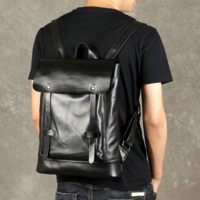 Genuine Leather Mens Cool Backpack Sling Bag Large Black Travel Bag Hiking Bag for men