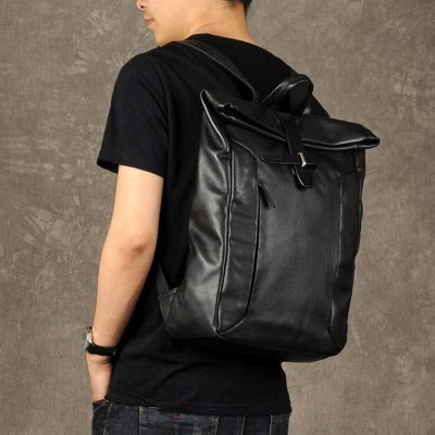 Genuine Leather Mens Cool Backpack Sling Bag Large Black Travel Bag Hiking Bag for men