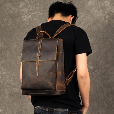 Genuine Leather Mens Cool Backpack Sling Bag Large Brown Travel Bag Hiking Bag for men