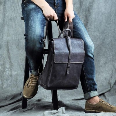 Genuine Leather Mens Cool Backpack Sling Bag Large Black Travel Bag Hiking Bag for men