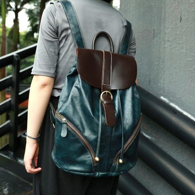 Cool Green Mens Leather Backpack Travel Backpacks Laptop Backpacks for men