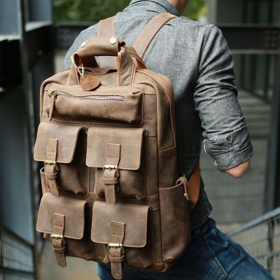 Vintage Coffee Mens Leather Backpacks Travel Backpacks Laptop Backpack for men