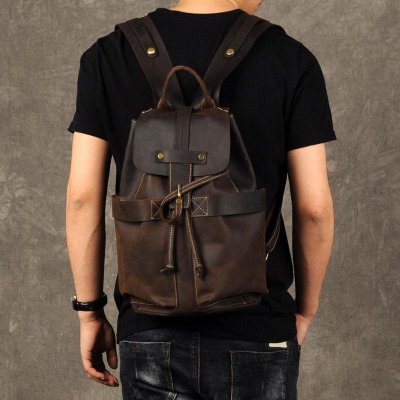 Genuine Leather Mens Cool Backpack Sling Bag Large Coffee Travel Bag Hiking Bag for men