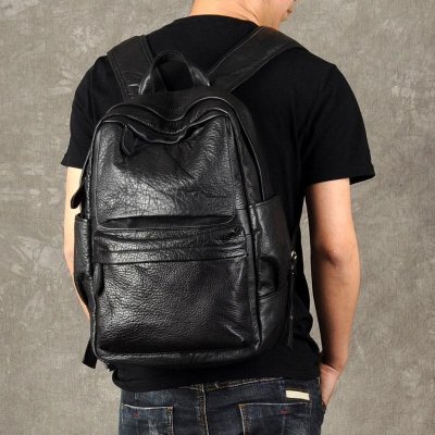 Genuine Leather Mens Cool Backpack Sling Bag Large Black Travel Bag Hiking Bag for men