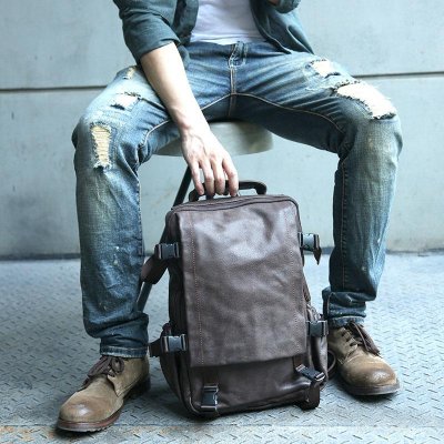 Cool Coffee Mens Leather Backpack Travel Backpacks Laptop Backpack for men