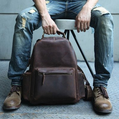 Vintage Coffee Mens Leather Backpack Travel Backpacks Laptop Backpack for men