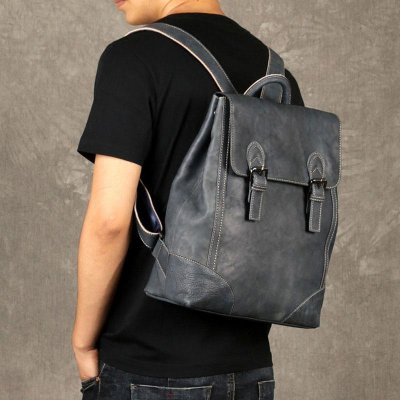 Genuine Leather Mens Cool Backpack Sling Bag Large Black Travel Bag Hiking Bag for men