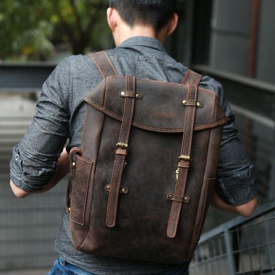 Vintage Coffee Leather Mens Backpack Travel Backpacks Laptop Backpack for men