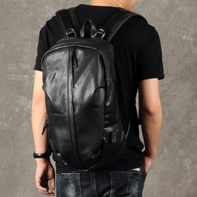 Genuine Leather Mens Cool Backpack Sling Bag Large Black Travel Bag Hiking Bag for men