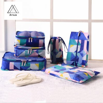 BW-Bag 6 set travel New design pattern contrast geometry PACKING ORGANIZERS CUBES WITH SHOE BAG AND TOILETRY BAG