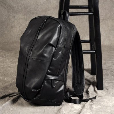 Genuine Leather Mens Cool Backpack Sling Bag Large Black Travel Bag Hiking Bag for men