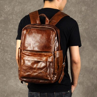 Genuine Leather Mens Cool Backpack Sling Bag Large Brown Travel Bag Hiking Bag for men