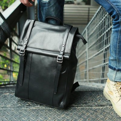 Black Leather Mens Backpack Travel Backpacks Laptop Backpack for men