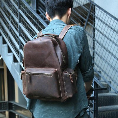 Vintage Coffee Mens Leather Backpack Travel Backpacks Laptop Backpack for men