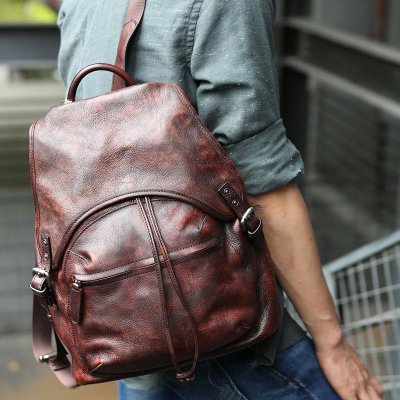 Coffee Leather Mens Backpack Travel Backpack Laptop Backpacks for men