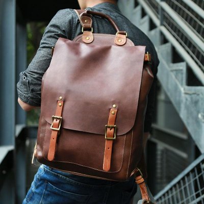 Dark Brown Leather Mens Backpack Travel Backpacks Laptop Backpack for men