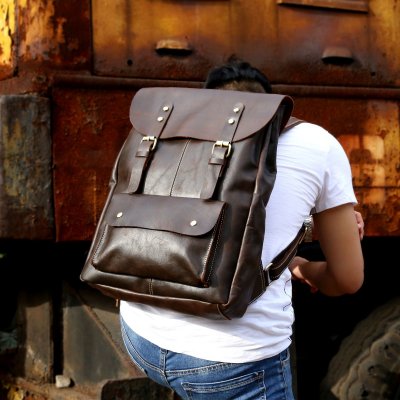 Genuine Leather Mens Cool Backpack Sling Bag Large Black Travel Bag Hiking Bag for men