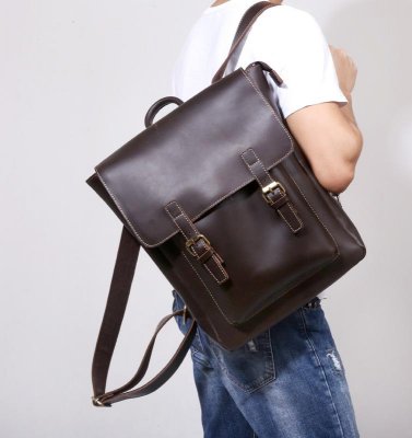 Genuine Leather Mens Cool Backpack Sling Bag Large Black Travel Bag Hiking Bag for men